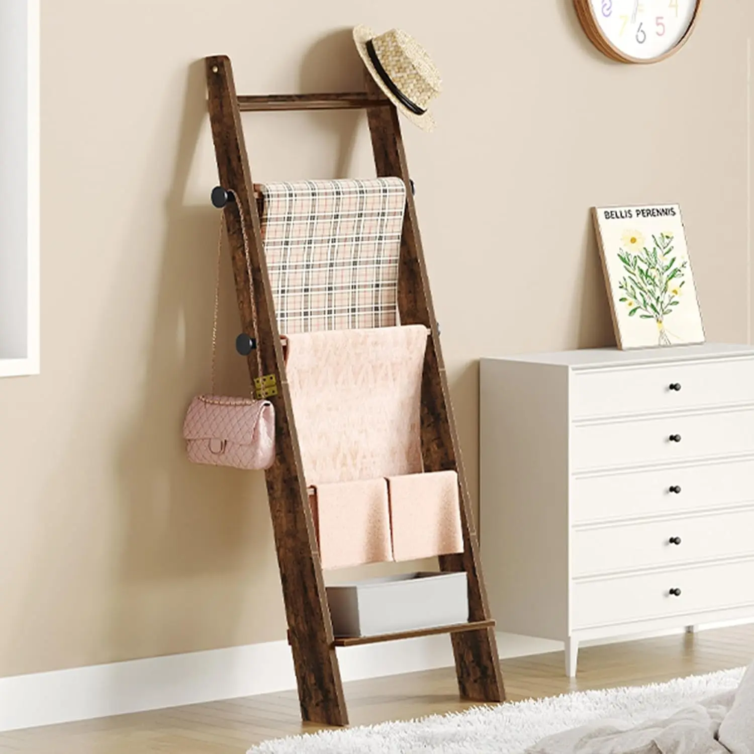 Blanket Ladder, Decorative Quilt Rack with 4 Removable Hooks | 5-Tier Blanket Ladder Shelf for Bedroom Living Room, Rustic Brown BR30501X