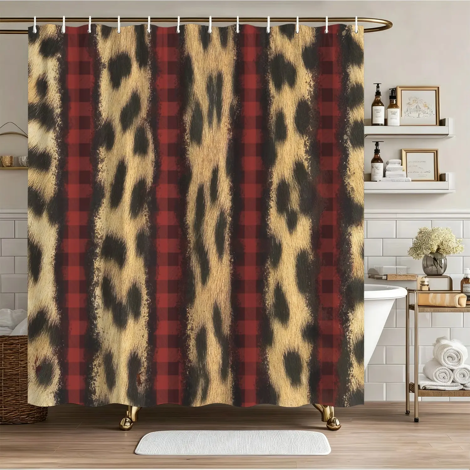 Shower Curtain, Polyester Mildew‑Resistant Waterproof, Leopard Buffalo Plaid Striped Pattern, Aesthetic Farmhouse Style, Digital Print, Easy Install Hooks Included, Rustic Retro Bathroom Decor, Machine Washable Bathroom Accessories