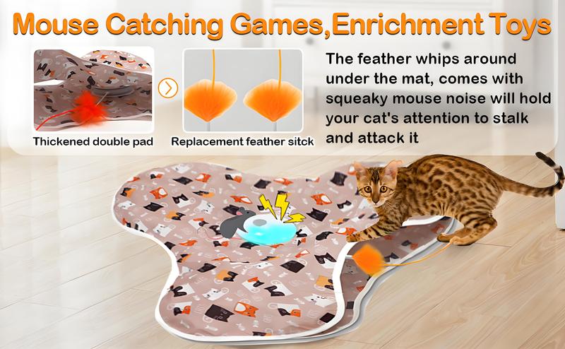 Interactive Cat Toys Rechargeable Moving Concealed Wand Feather Automatic Chargeable Indoor Kitten Exercise Kicker Mouse Squeaky for Indoor Bored Cats 1200mAh Battery Included 3 Modes Fun Game with Real Mouse Sounds Stocking Stuffers for cat kitty