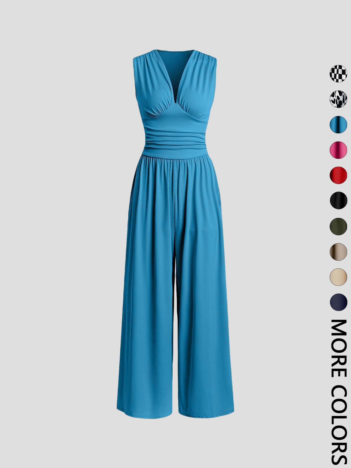 Women's Plain Ruched Deep V Neck Jumpsuit, Elegant Sleeveless Wide Leg Jumpsuit for Summer, Ladies Clothes for Beach Holiday Vacation Style Women's Plain Ruched Deep V Neck Jumpsuit, Elegant Sleeveless Wide Leg Jumpsuit for Summer, Ladies Clothes for Beach Holiday Vacation Style