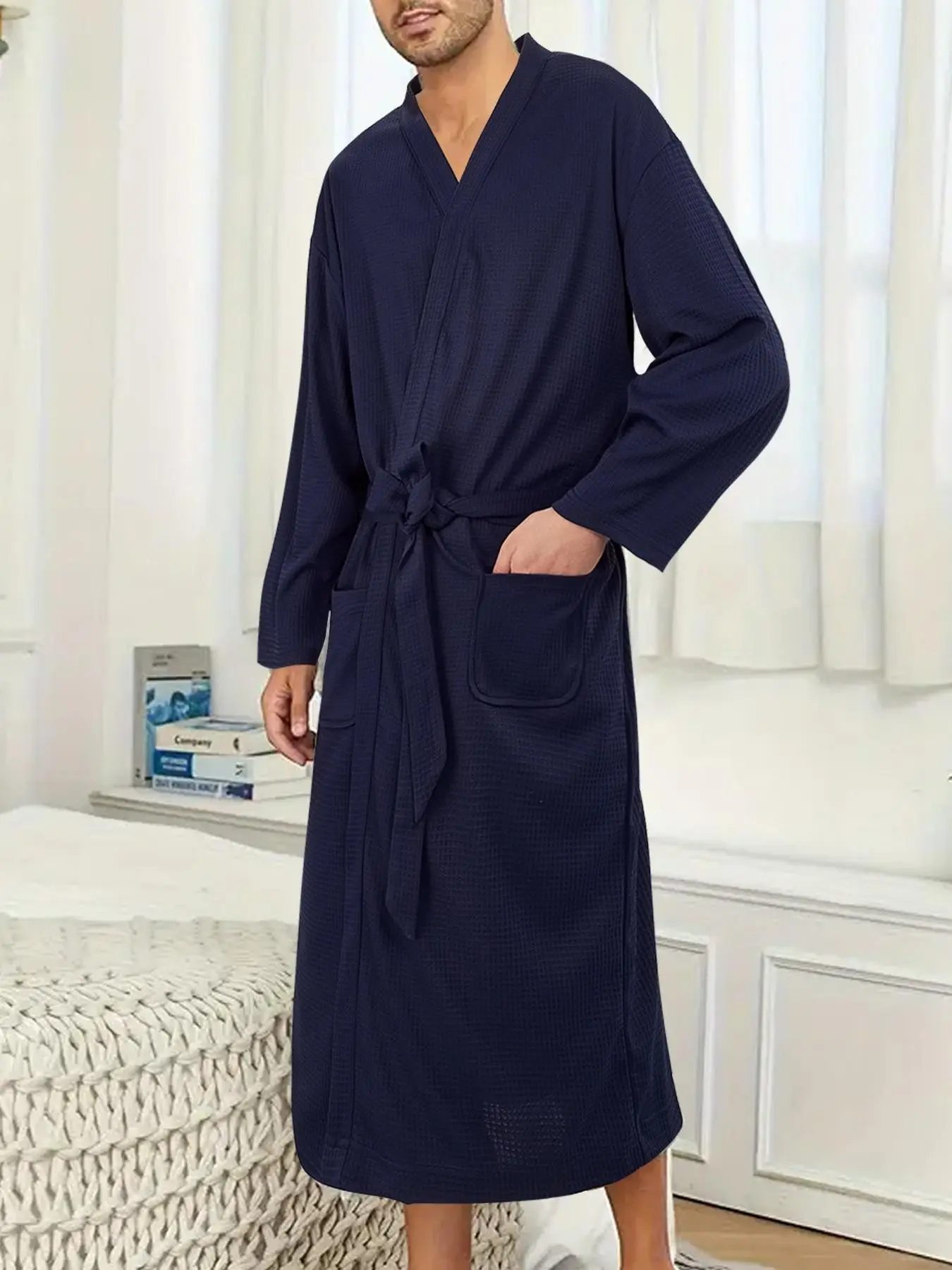 Men's Solid Color Long Waffle Bathrobe, Tie Strap Design, Loose Long Sleeves, Spacious Side Pockets, Waffle Textured Fabric, Ideal for Post-Shower, Home Relaxation & Hotel SPA, Cozy Loungewear Item