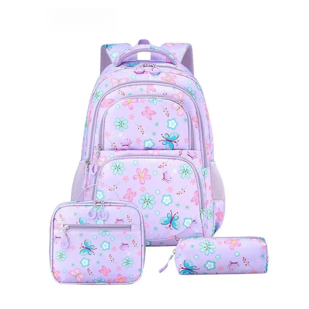 3Pcs Floral Butterfly Print Girls Backpack Set, Large Capacity Multi Compartment School Bookbag, Matching Insulated Lunch Bag & Stationery Pencil Case, Lightweight Water Resistant Casual Daypack for Teen Women#D3F
