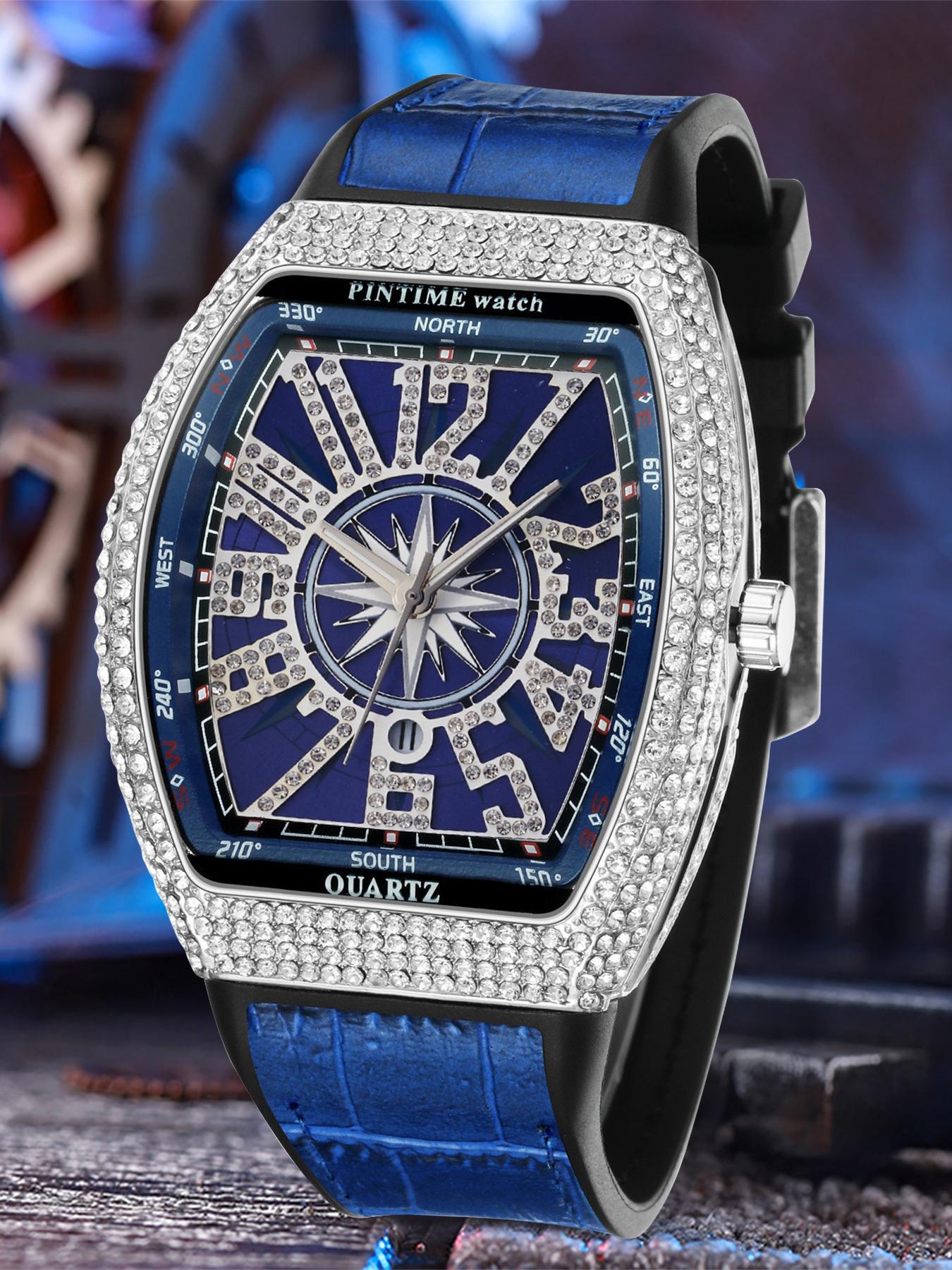 Men's Business Quartz Watch, Barrel Shape Starry Strap, Yacht Diamond Vintage Large Dial, Waterproof Stone Watch, 1pc