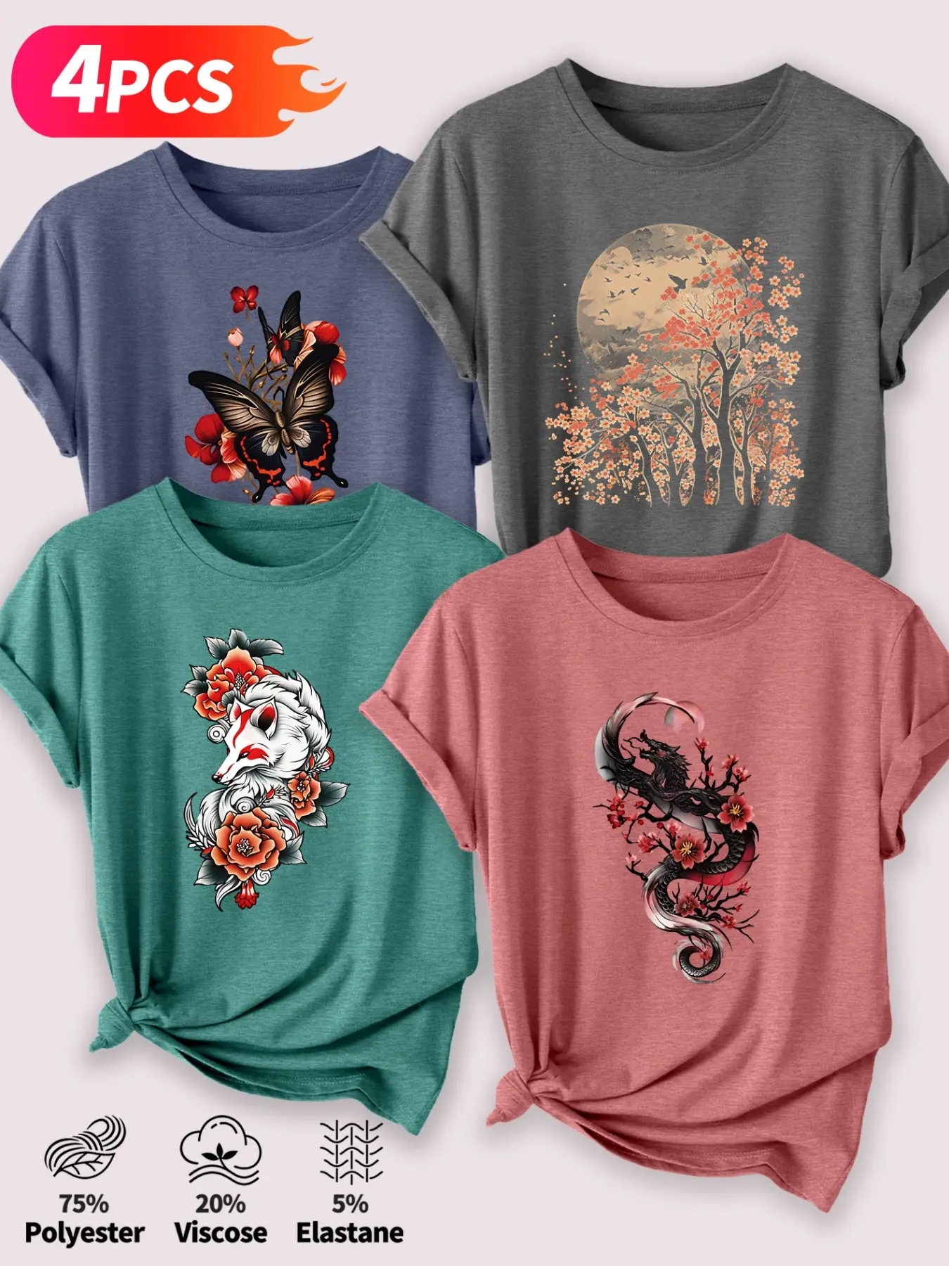 4‑Pack Women Crew Neck T‑Shirts, Oriental Butterfly Fox Dragon Cherry Blossom Tattoo‑Style Print, Patterns As Pictures Show, Multiple Colors Available, Machine Washable, Spring Summer Tops, Soft Skin‑Friendly Fabric, Daily Match, Fashion Design