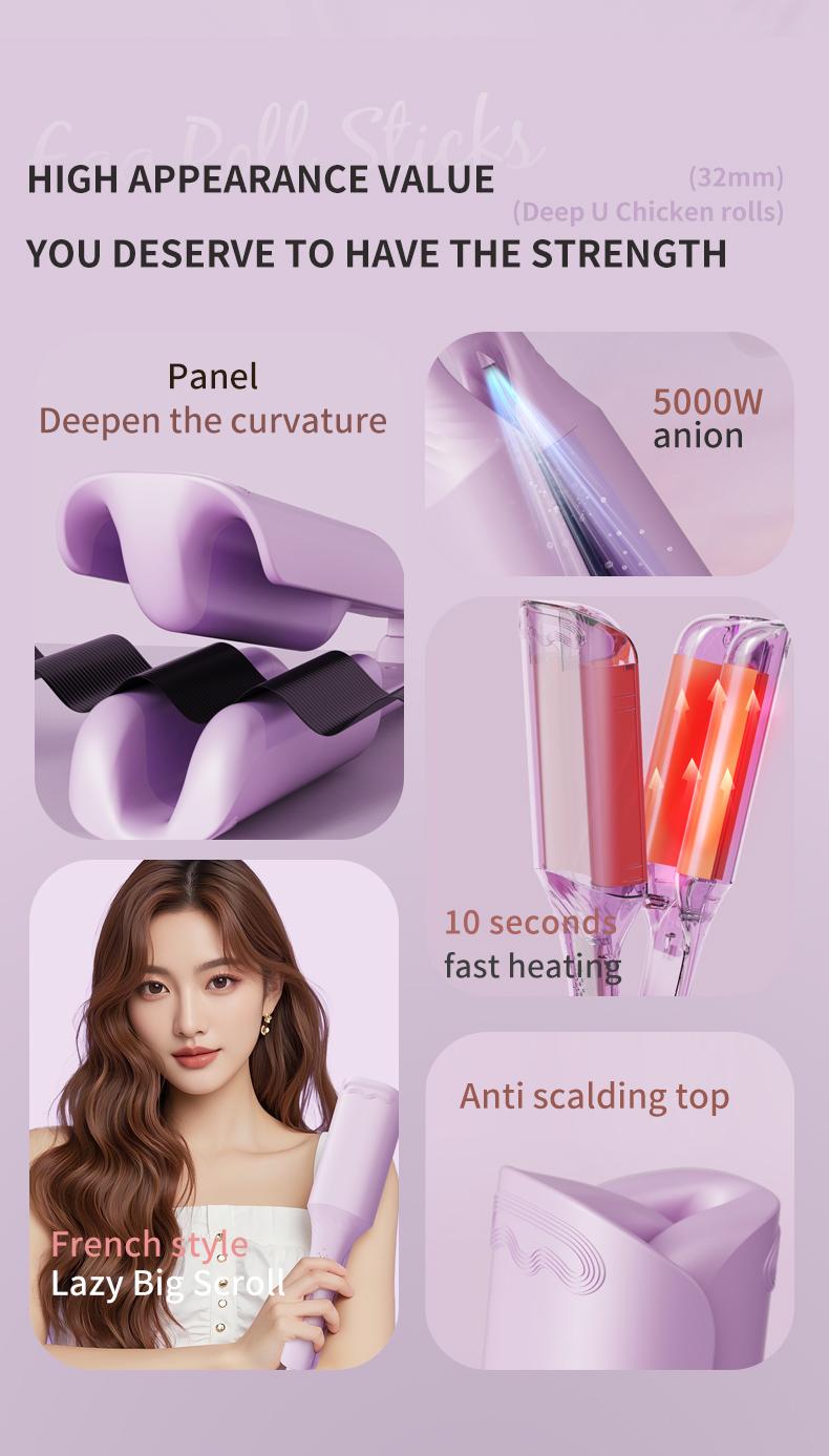 Glory Curler 32MM French Wave Curling Iron with 30W Power 2 Barrels Adjustable Temperature Fast Heating 30 Seconds Auto-Off Safety Lock for All Hair Types French Pink Silicone Thermal Brush and Curler Wand