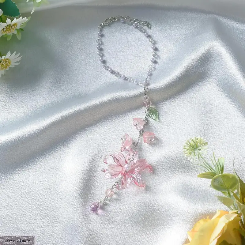 Lily of the Valley Crystal Suncatcher Car Hanging Decor - Handmade Resin Bead Lotus Flower Rearview Mirror Charm, Boho Bling Cute Cool Auto Accessories, Automotive Decoration Lucky Gift for Women