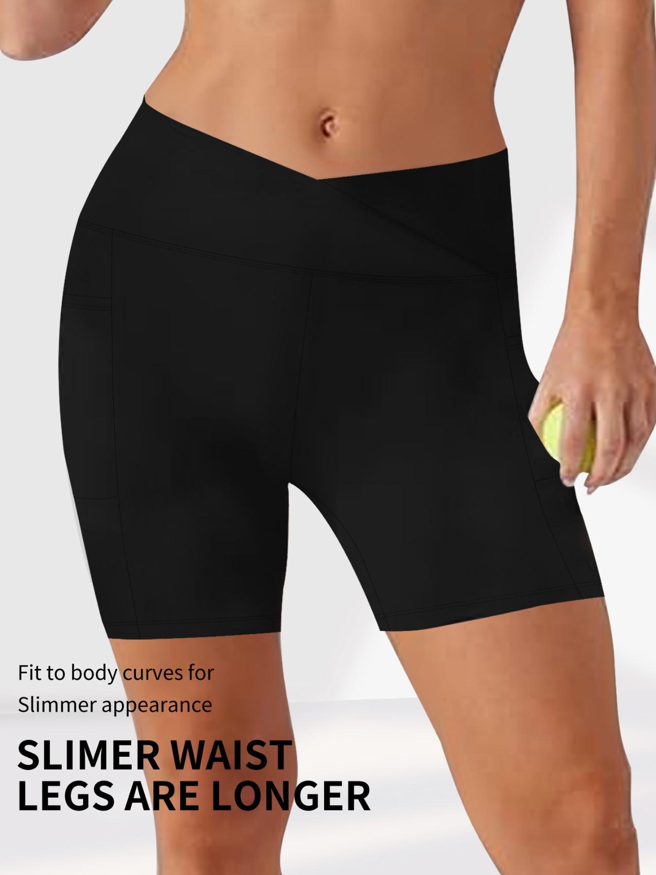 Women's Plus Size Cross Waist Skinny Workout Shorts, High Elasticity Five-Quarter Pants, Pocket Design, Solid Color Tight Fit, Soft Comfort Fabric