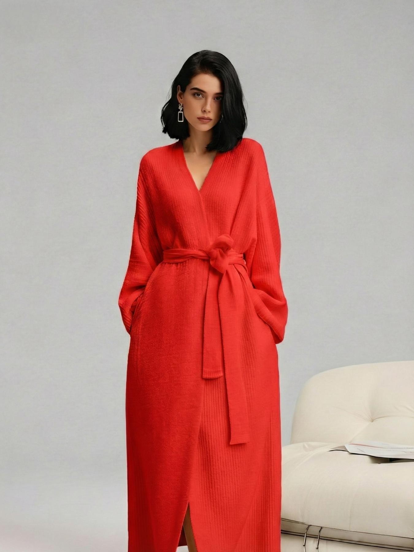 【COZY Soft Plush Feel】Women's Solid Color Thickened Thermal Lined Long Sleeve Drop Shoulder Bathrobe, Oversize Loose Casual Soft Comfortable Thermal Warm Pocket Belted V Neck Dressing Gown for Women, Ladies Sleepwear for Winter 【COZY Soft Plush Feel】Women's Solid Color Thickened Thermal Lined Long Sleeve Drop Shoulder Bathrobe, Oversize Loose Casual Soft Comfortable Thermal Warm Pocket Belted V Neck Dressing Gown for Women, Ladies Sleepwear for Winter