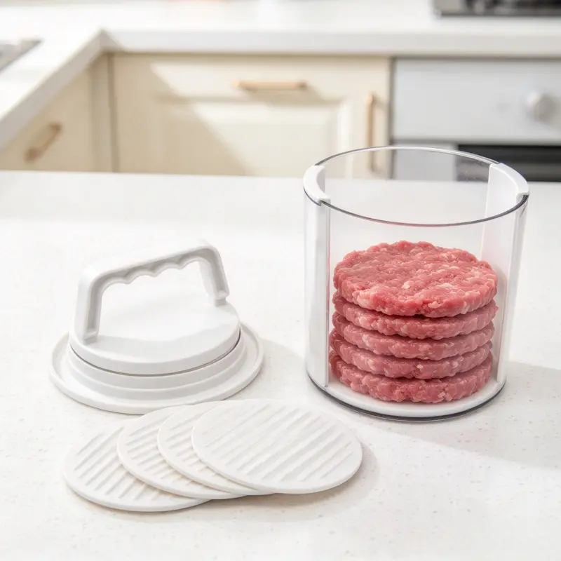 Multifunctional Manual Hamburger Patty Maker, Stackable Non-Stick Burger Press Mold with Layered Storage Design, Freezer Safe Burger Patty Storage Container with 4pcs Gaskets, Home Kitchen BBQ Cooking Tool