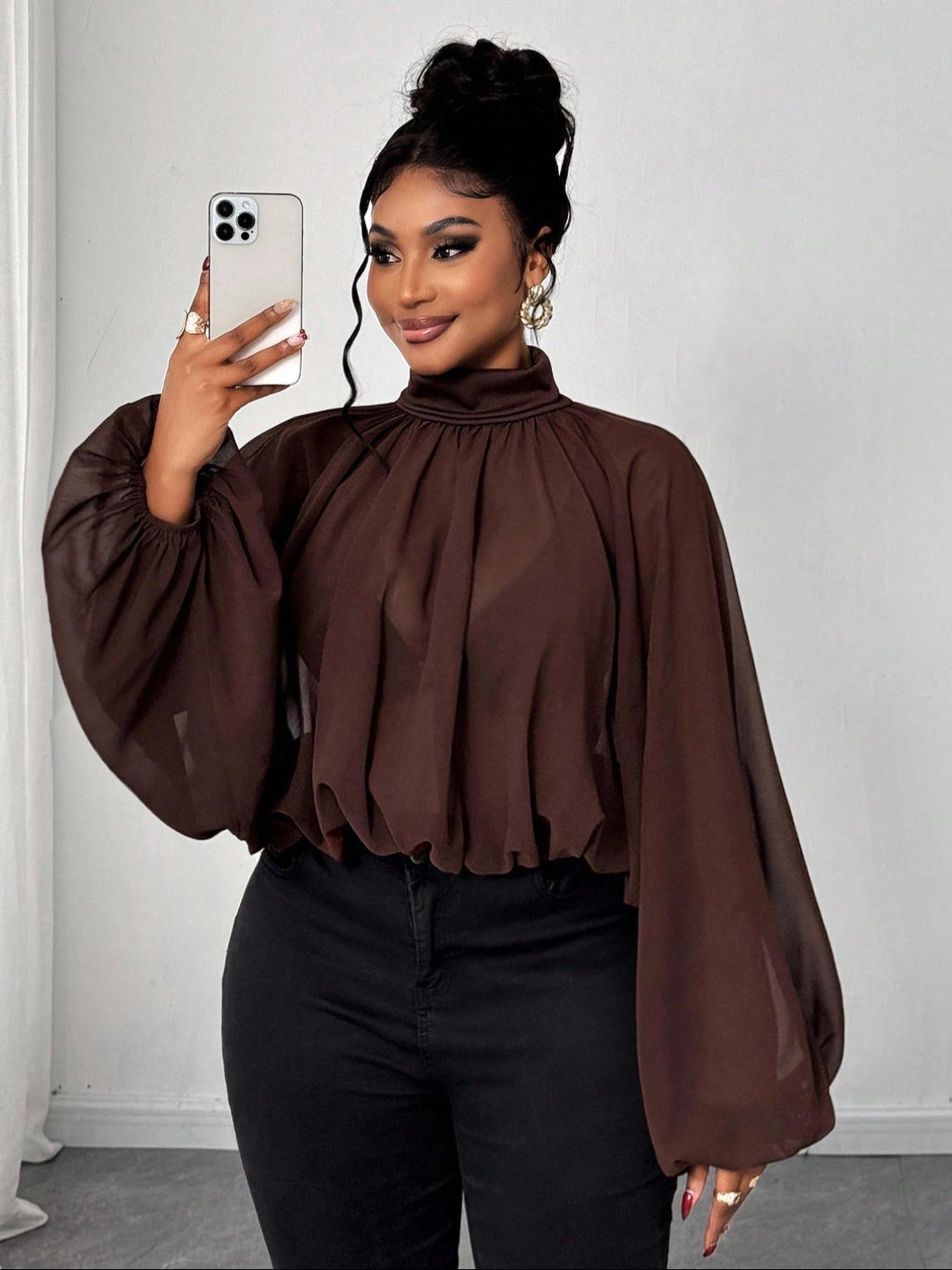 Women's Casual Fashion Top, Pure Color Stand Collar Lantern Sleeve Ruched Design, Spring & Fall Women's Clothing