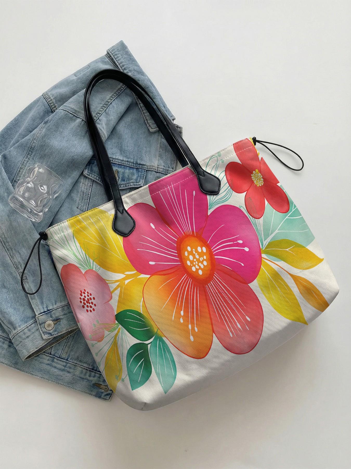 Floral Pattern Drawstring Tote Bag, Large Capacity Shopping Bag, Durable All Season Use, Perfect for Work, Shopping, Picnic