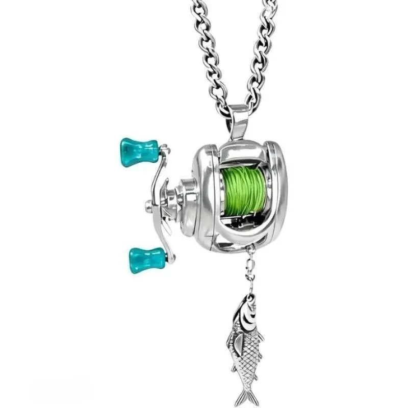 Rotating Mini Reel Necklace - Unique Jewelry with Real Movement Line Guide Fishing Lure Pendant, Special Gift for Fishermen