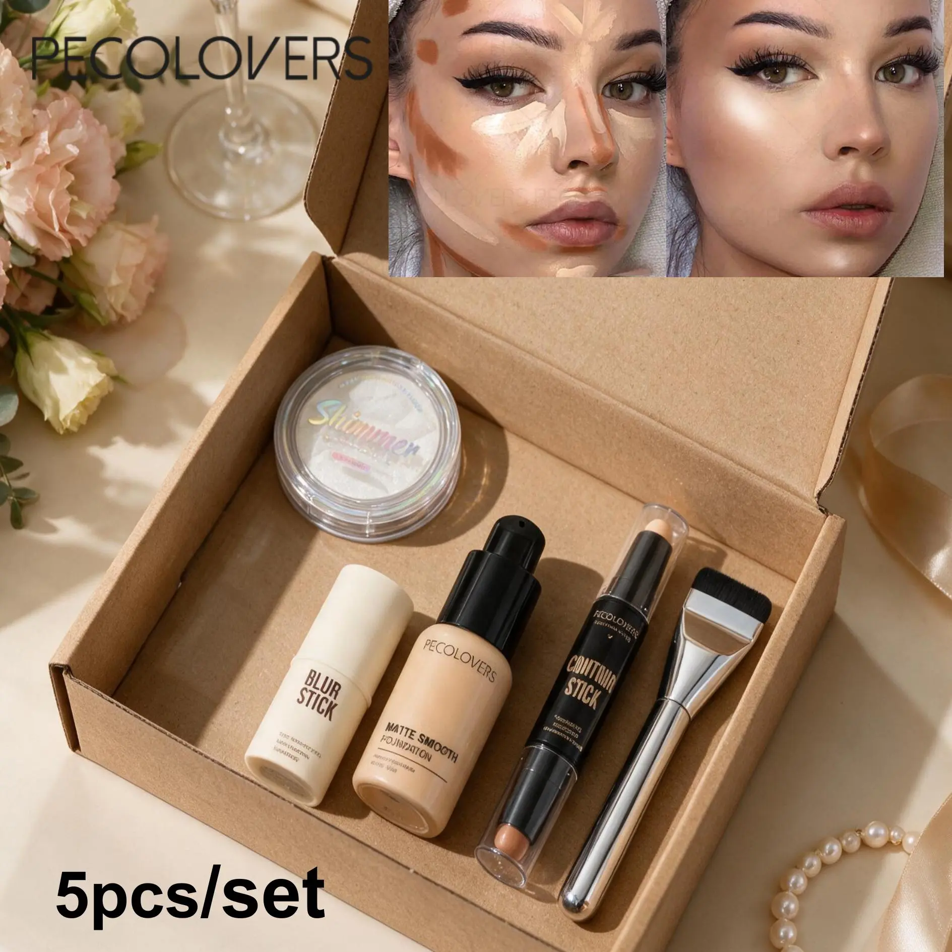 5PCS/SET Face Makeup Kit, Liquid Foundation, Face Primer Stick, Double‑Ended Contour Stick, Shimmer Highlighter Powder & Flat Makeup Brush For Halloween Cosplay, Christmas Party, Daily Beauty Looks, Brighten Face, Full Flawless All‑Day Coverage