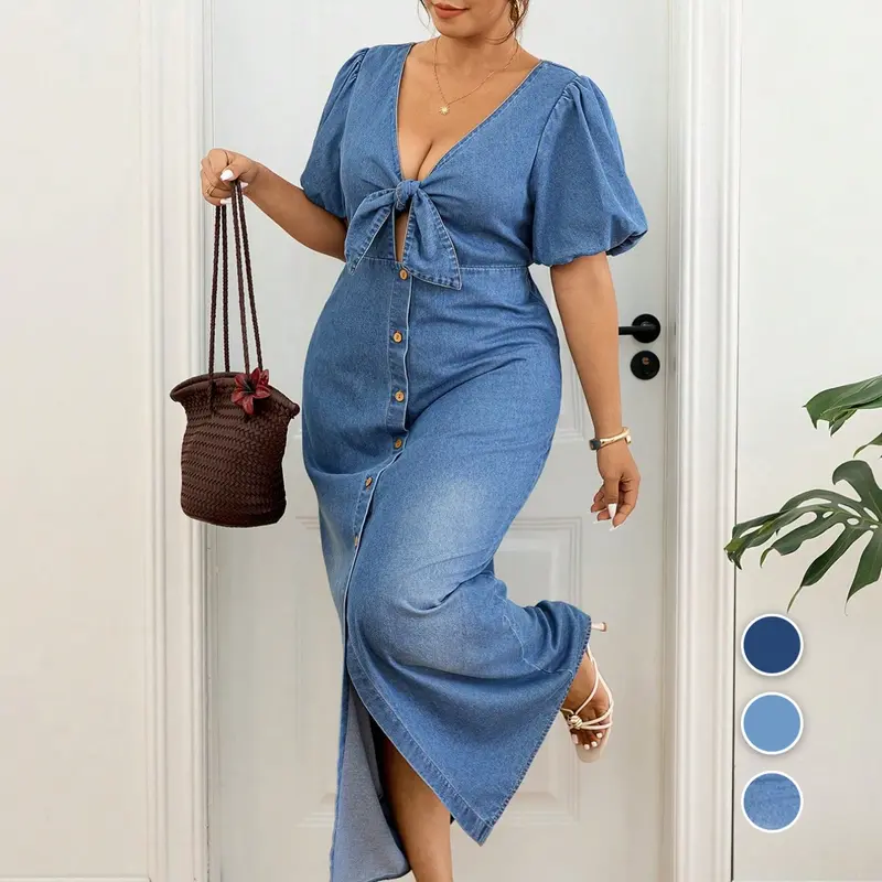 Plus Size Light Wash Denim Long Skirt Dress, Women's Bubble Sleeve Front Tie Open Front Split Long Denim Skirt, Fashionable and Comfortable
