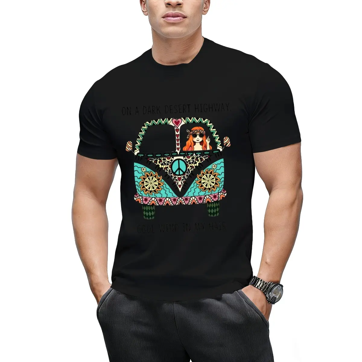 Unisex Boho Hippie Camper Van Travel Graphic Cotton T-Shirt - Multi-Size Casual Round Neck Short-Sleeve Fabric Top for Outdoor Sports, Streetwear