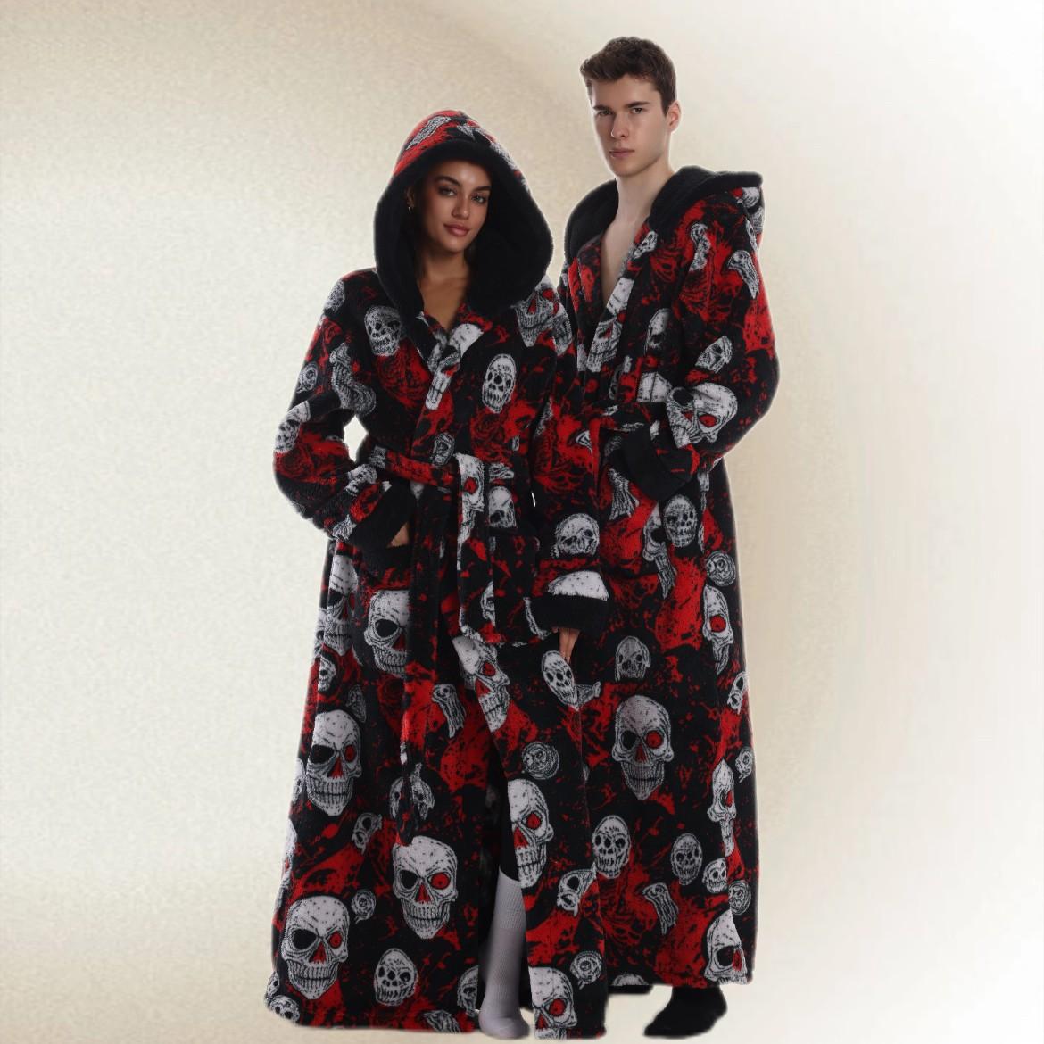 1pc Skull Print Flannel Bathrobe, Plus Size with Hat and Belt, Unisex, Soft and Warm, Perfect Gift