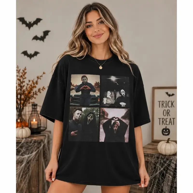 Women's 100% Cotton Funny Iconic Horror Art Graphic Tee - Vintage Slasher Movie Collage, Michael Myers & Ghostface, Streetwear Soft Short Sleeve Round Neck Crew Top, Halloween Pick, Casual All-Season Sports Top