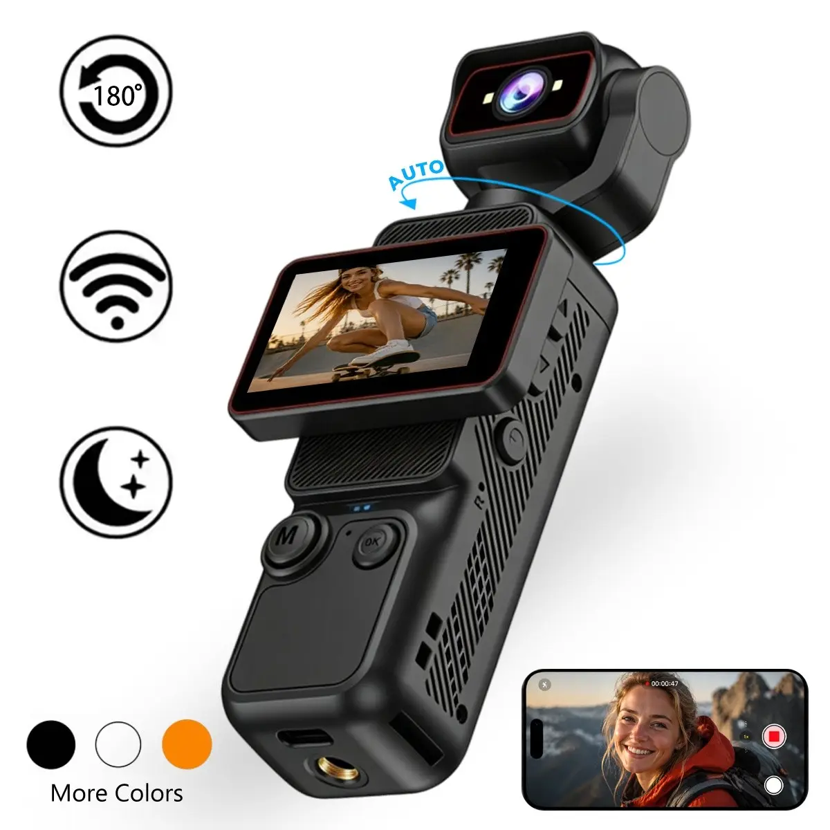 Portable with 180°Auto Rotatable Lens, 6X Digital Zoom & Wide Angle Video Recording Capture Your Travel Moments, WiFi App Connection for Easy Sharing, Lightweight Design for Camping, Hiking, Cycling and Outdoor Vlogs, Portable Vlogging Recorder
