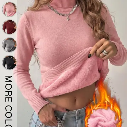 Women's Plain High Neck Turtleneck Thick Sweater, Basic Casual Long Sleeve Jumper for Fall & Winter, Fashion Ladies' Knitwear for Everyday Wear, Casual Knit Top, High Neckline