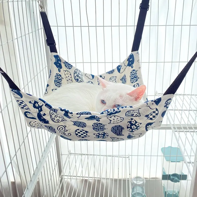 Adjustable Cat Hammock Bed, Durable Canvas Material, Blue- Pattern, Cute, Ideal for Small-Medium-Large Cats, Pet Resting Spot