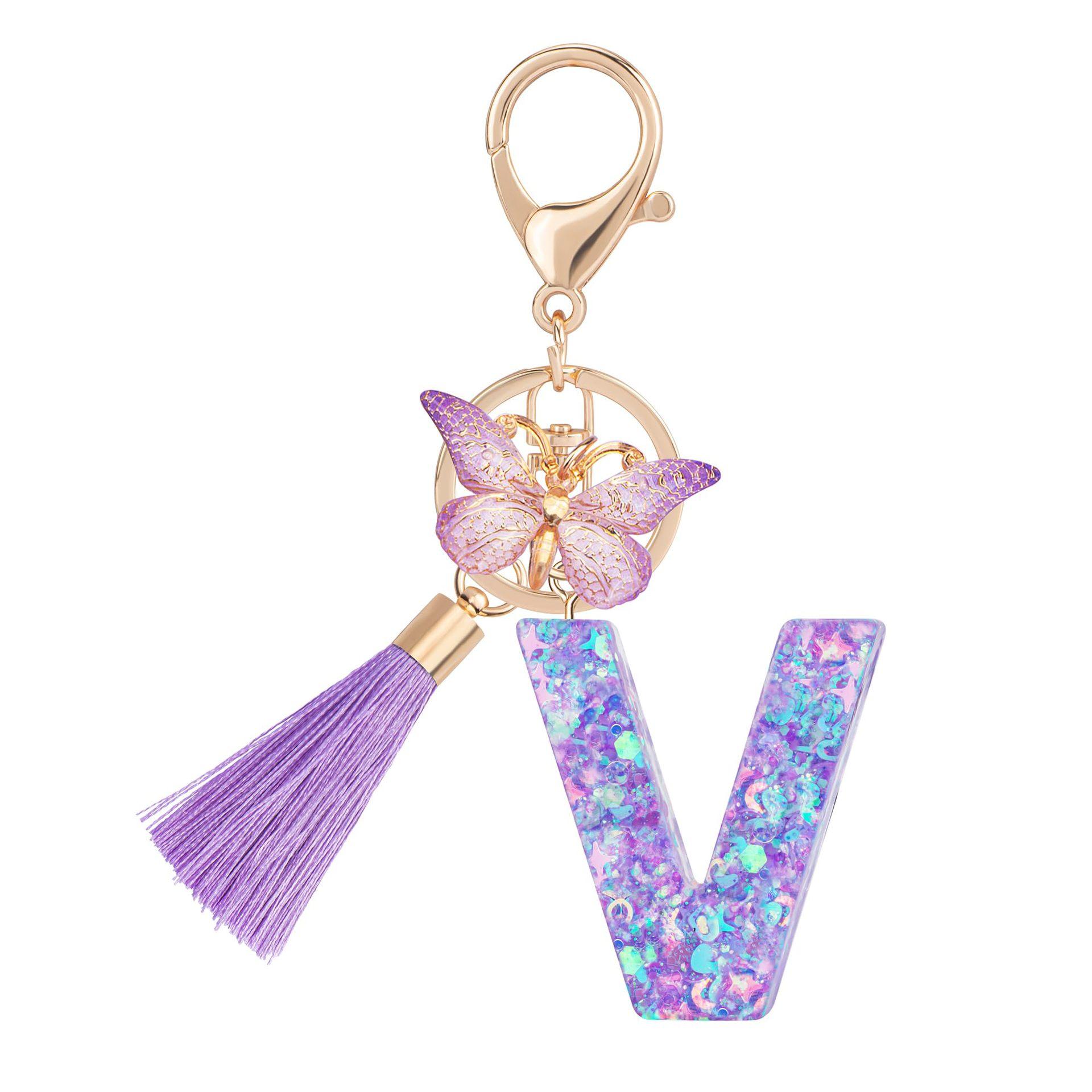 1pc / Initial Letter Keychain Butterfly Key rings Chain Pendant Cute Animal Key Ring Purse Bag Backpack Car Pendant Charm Earbud Case Accessory Women Gift