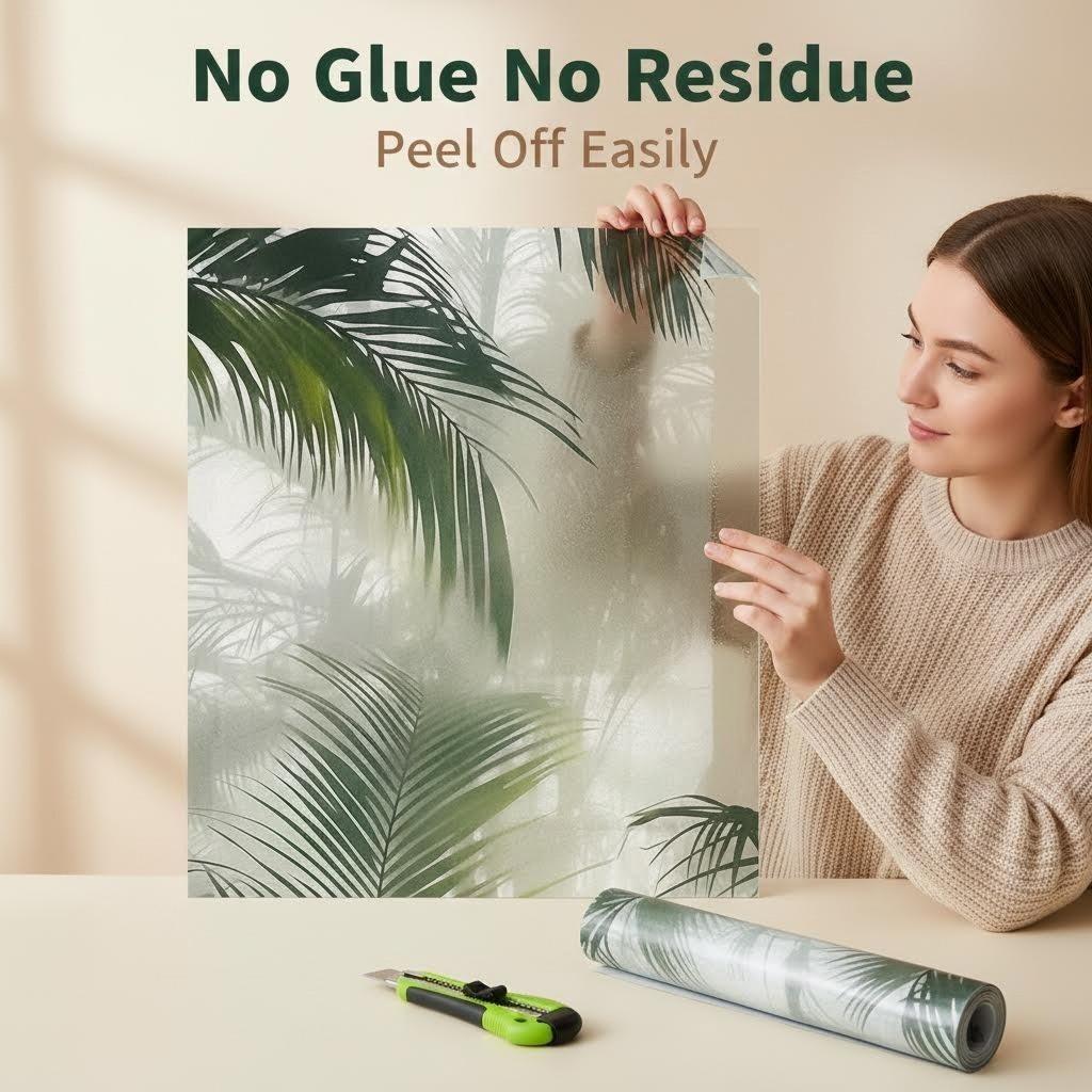 Tropical Palm Leaf Privacy Window Film, No Glue Static Window Film, Removable Home Kitchen Window Sticker, Cuttable UV Protection Window Film