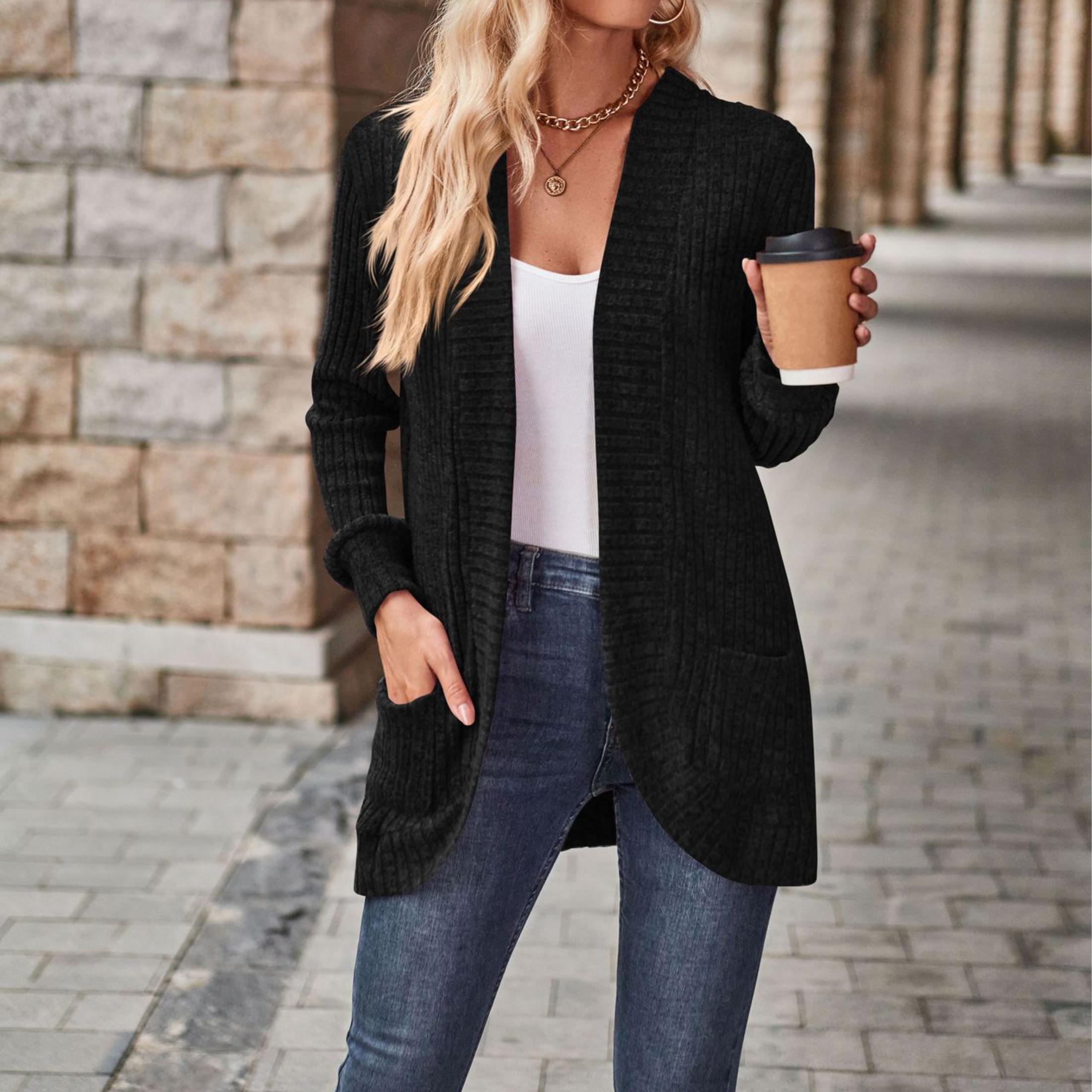Women's Long Sleeve Open Front Knit Cardigan Sweater Curved Placket Large Pocket Sweater
