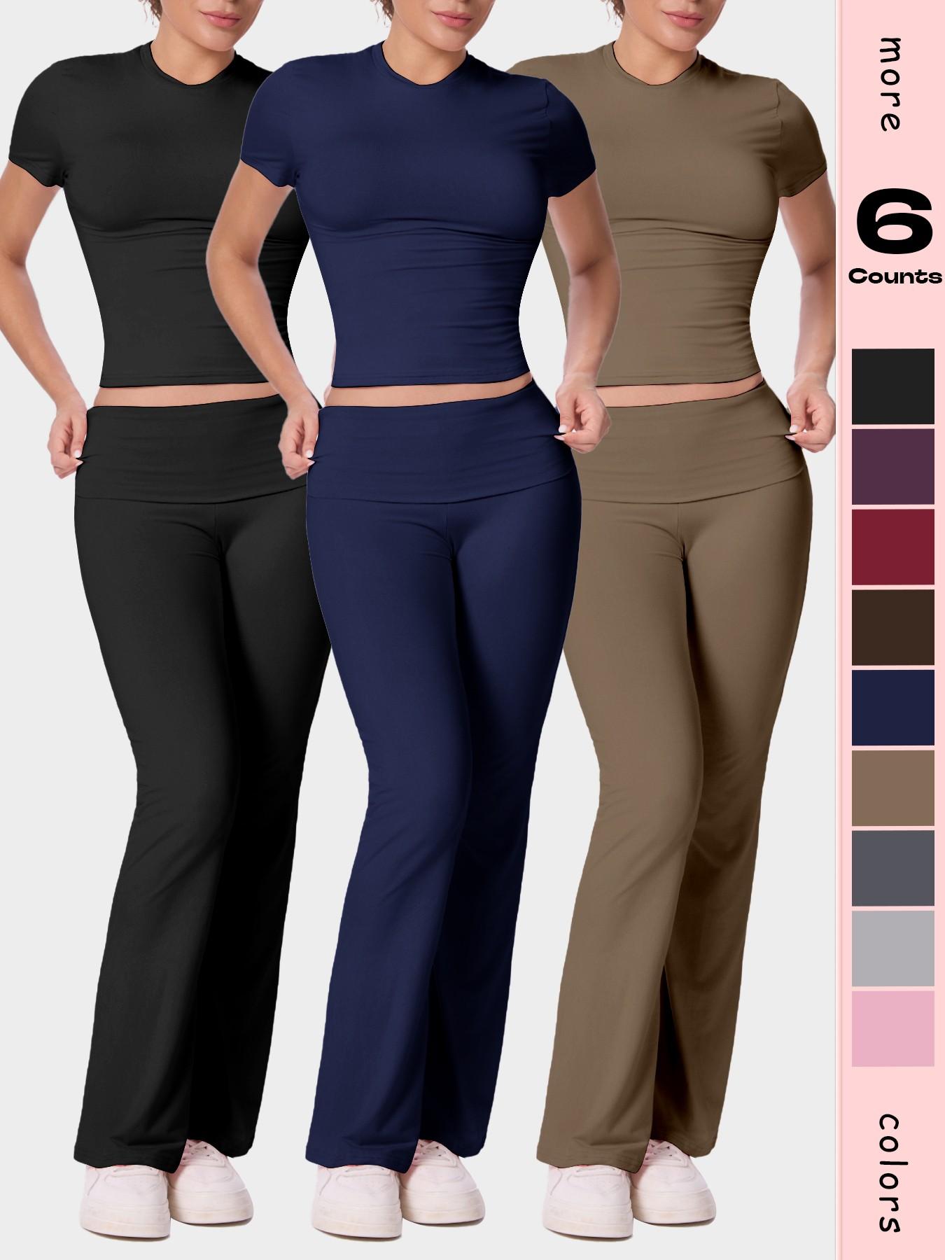 Women's Solid Color Short Sleeve Top & Flare Leg Pants Loungewear, Casual Comfy Two-piece Lounge Set, Ladies Loungewear for All Seasons, Pajama Set