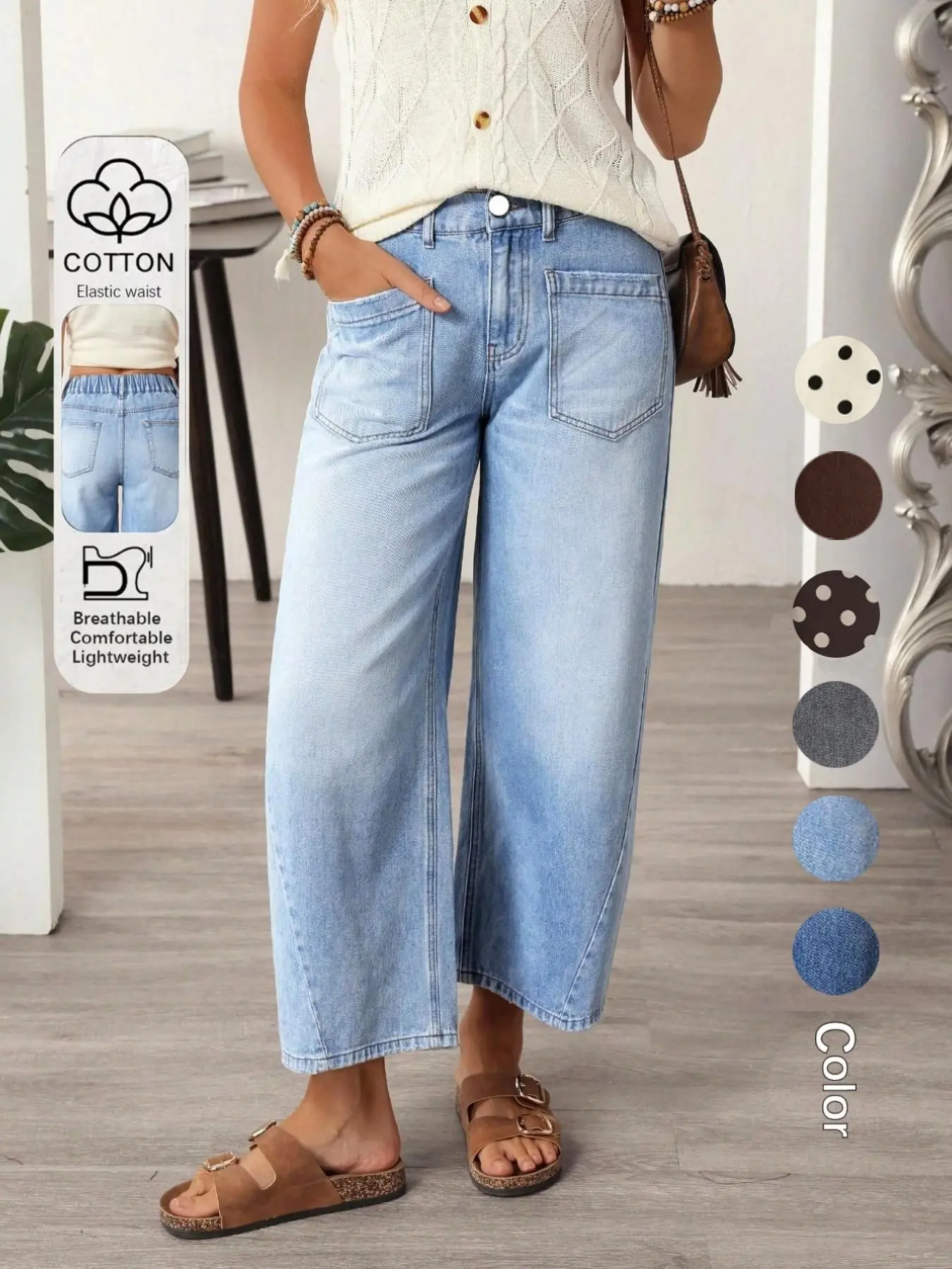 Women's Casual Street Patchwork Pocket Loose Wide Leg Denim Jeans, Baggy Loose Summer Jeans, Perfect for All Seasons & Casual Occasions