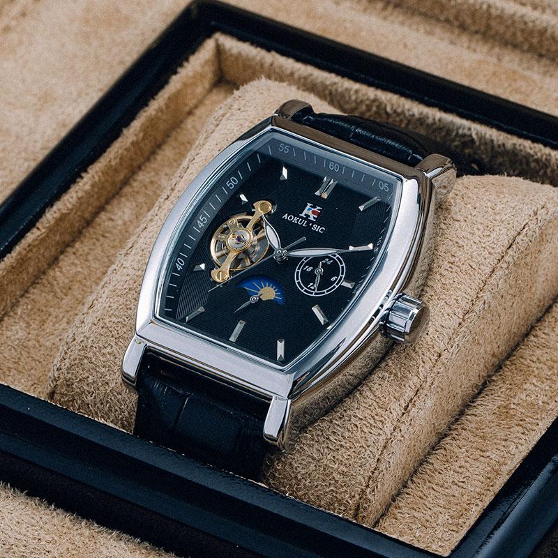 Luxury Automatic Mechanical Watch for Men, Analog Dial, Leather Strap, Moon Phase Display, Minimalist Barrel Design, No Battery Needed