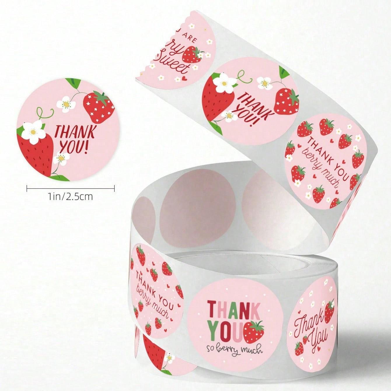 500 Sheets Strawberry Thank You Stickers, Non-Stick Seal Stickers, Fruit Decorative Stickers, Ideal for Birthday Gifts, Party Cakes, Back-To-School Season