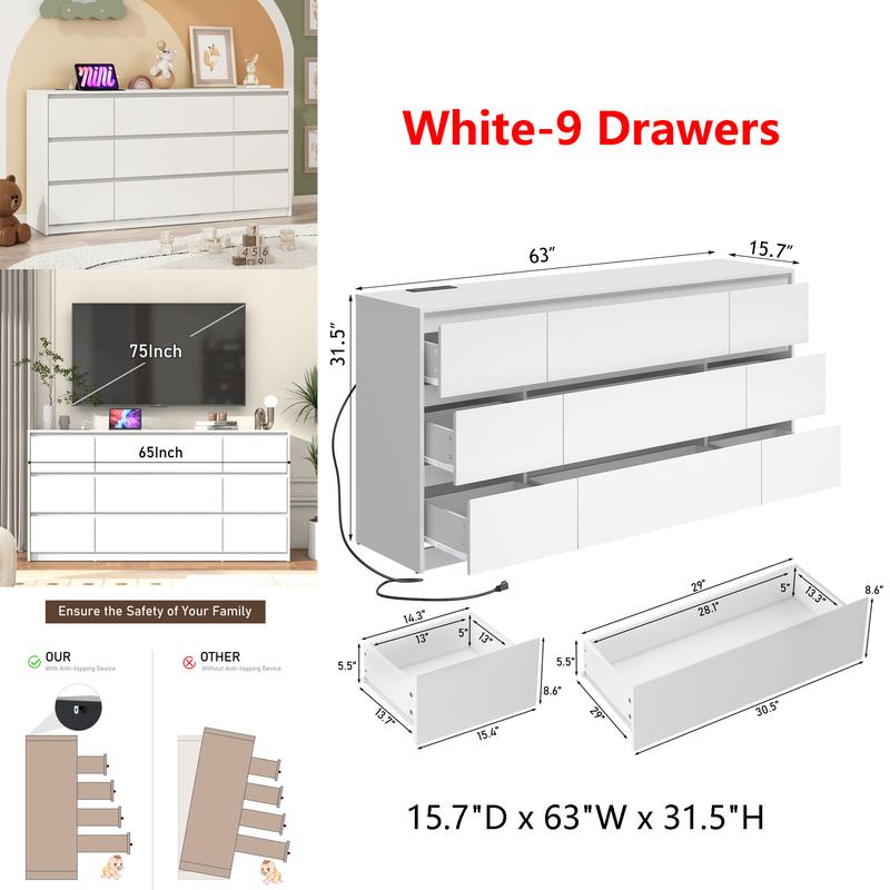 Dresser for Bedroom, Modern Dresser with Drawers, Large Wood Chest of Drawer Handle Free, Long Dresser for Bedroom, Living Room, Entryway, Hallway, White/Black