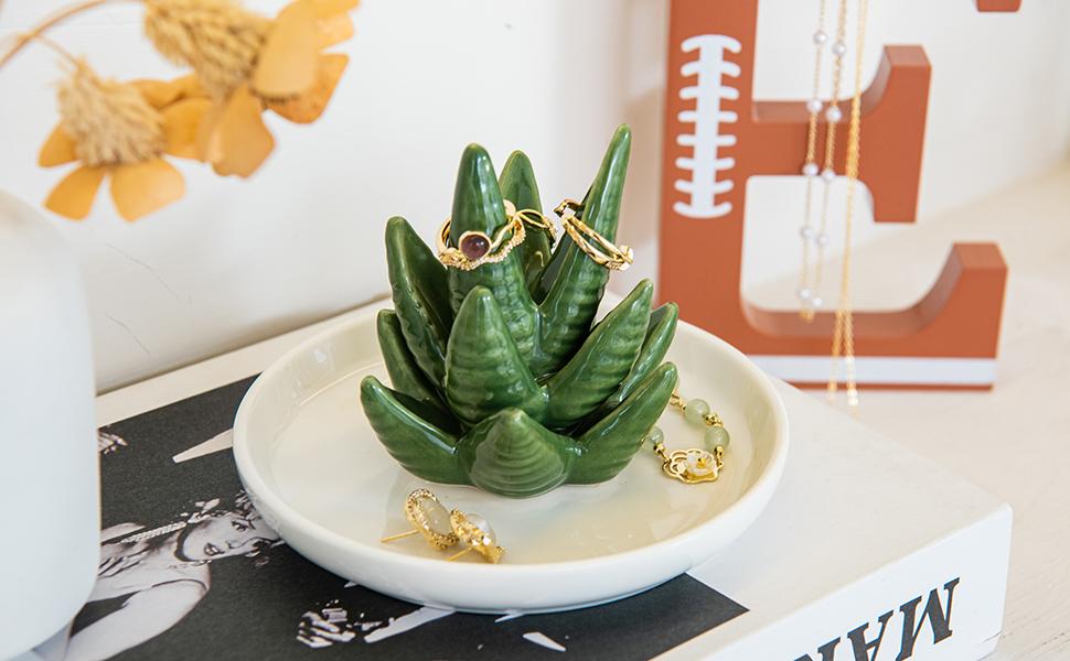 Aloe Ring Holder Dish, Ceramic Jewelry Tray Trinket Dish for Necklace Keychain Organizer, Cute Funny Birthday Wedding Mothers Day Gift for Women Friends Girls