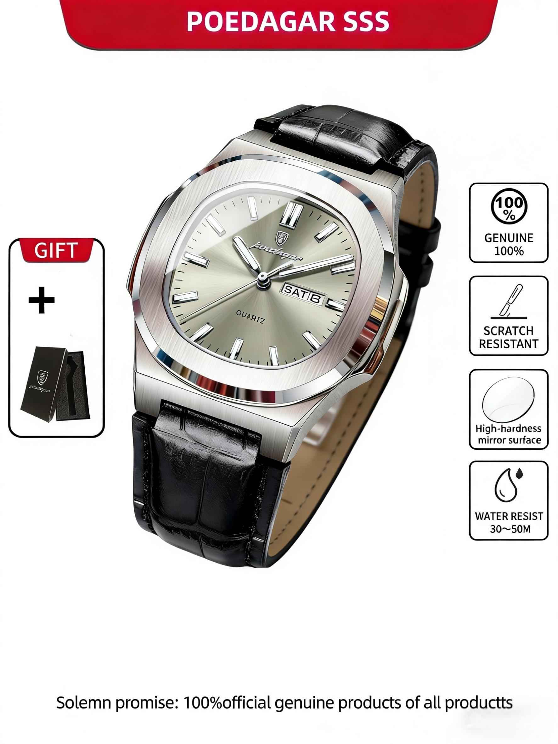 Men's Waterproof Design Quartz Wristwatch with Date and Day Display, Casual Analog Watch with PU Leather Band, Perfect Gift for Him, Sporty Style Timepiece