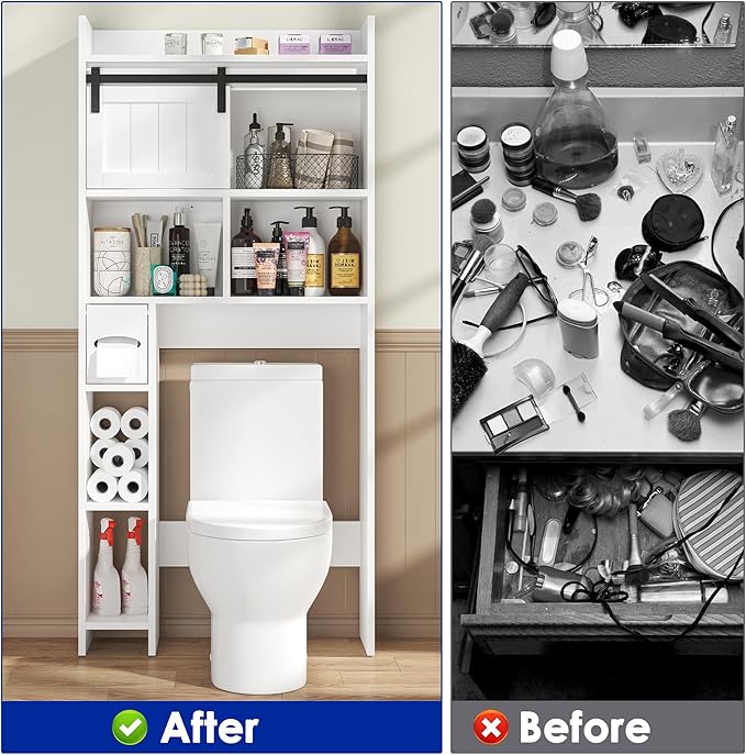 White Over The Toilet Storage Cabinet, Above Toilet Shelf with Sliding Door & Toilet Paper Holder Stand, Behind Toilet Bathroom Organizer with Side Storage Rack for Bathroom, Restroom, White