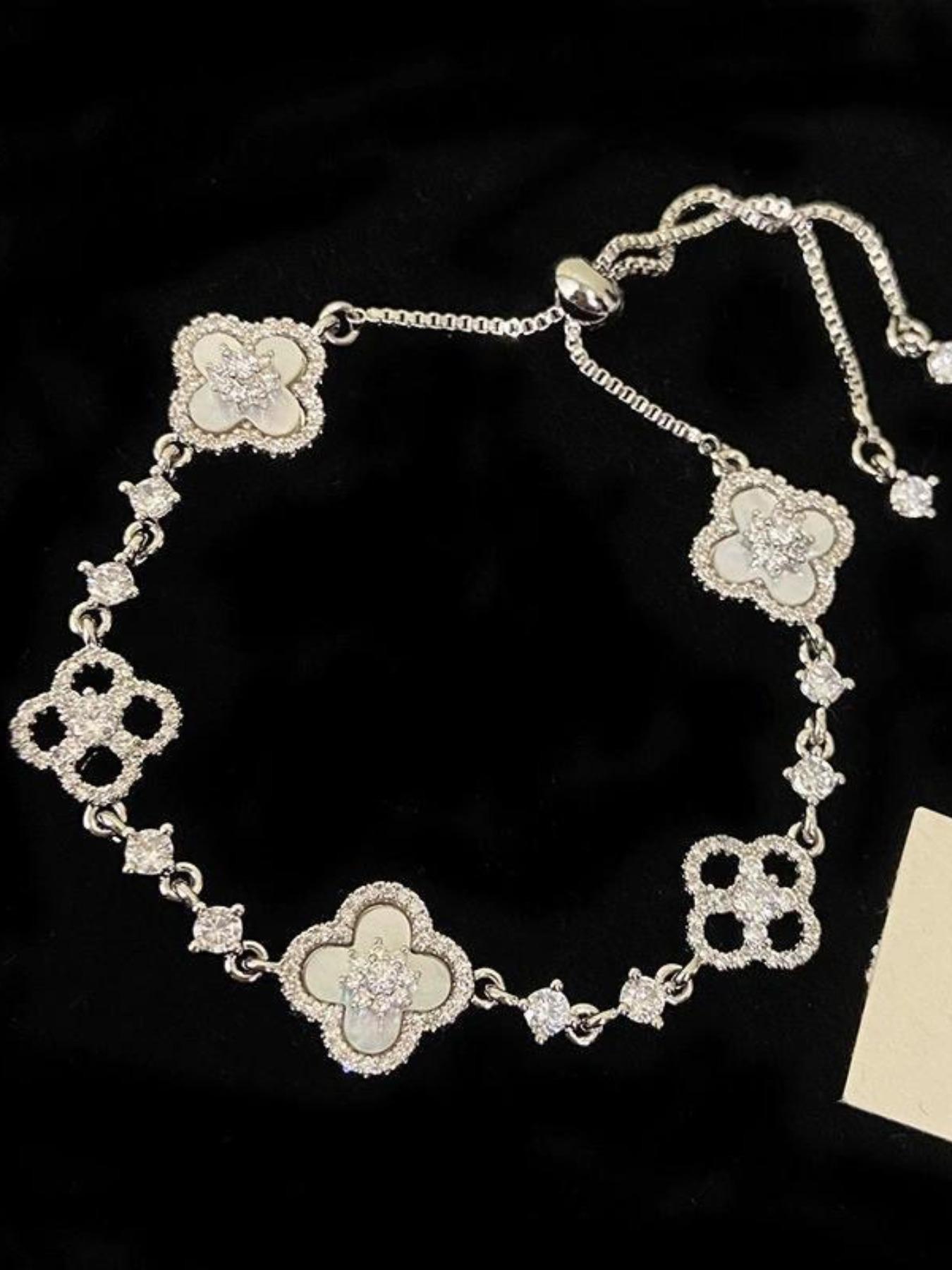 Women's Four-Leaf Clover Bracelet with Sparkling Quartz, Adjustable Allergy-Free Waterproof Design, Rose Option Available, Flower Design Bracelet