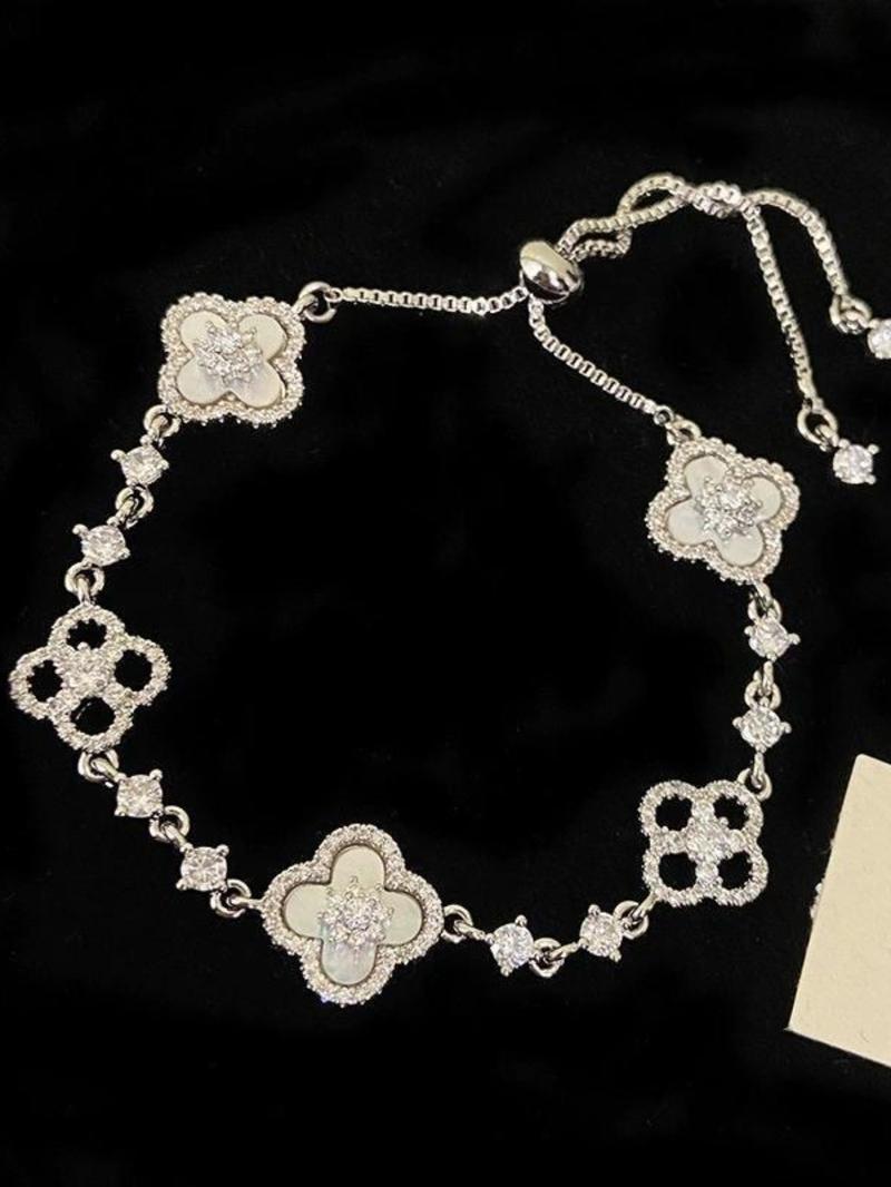 Women's Four-Leaf Clover Bracelet with Sparkling Quartz, Adjustable Allergy-Free Waterproof Design, Rose Option Available, Flower Design Bracelet