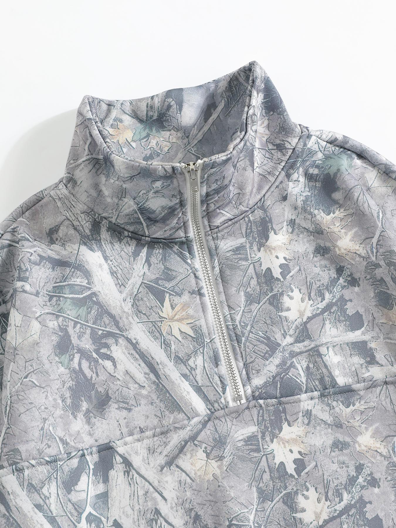 Women's Hooded Half-Zip Casual Round Neck Sport Top, Full Print Leaf Pattern, Digital Printing, Loose Fit, Fall & Winter, Camo Sweatshirt