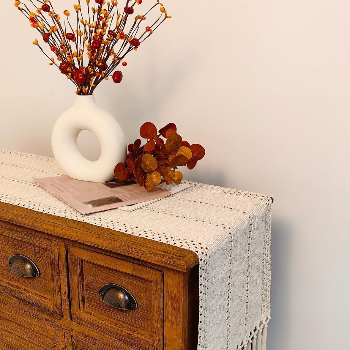 Macrame Table Runner Boho Table Runners with Tassels Hand Woven Cotton Table Runner Rustic Farmhouse Table Runners for Bohemian Kitchen Dining Table(30x183cm/12x72in)