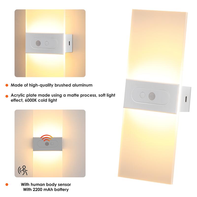 6000K Warm White Motion Sensor Wall Sconce – Battery‑Powered, USB‑Rechargeable Wireless Indoor Night Light for Hallway, Stairs & Living Room