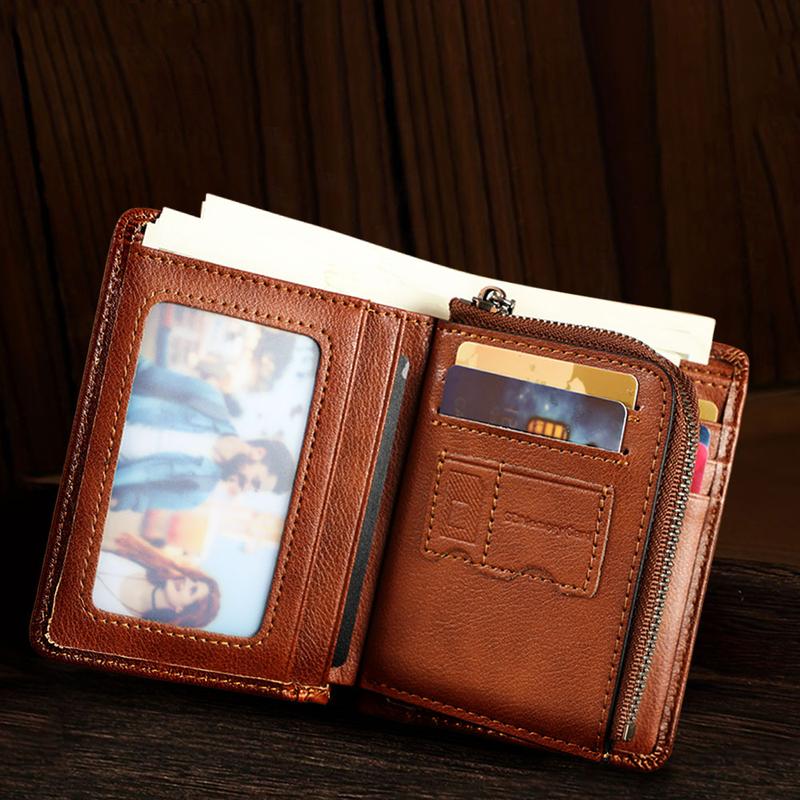 Cowhide Leather Wallets for Men Vintage Short Multi Function Purse RFID Blocking Protection Zipper Coin Pouch ID Credit Card Holder Genuine Leather Money Bag