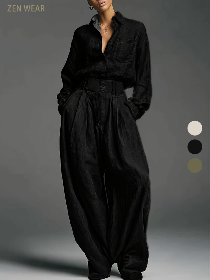 Spring & Fall Women's Fashion Two-Piece Set, Solid Color Shirt and Long Pants, Casual Style, Perfect for Daily Wear