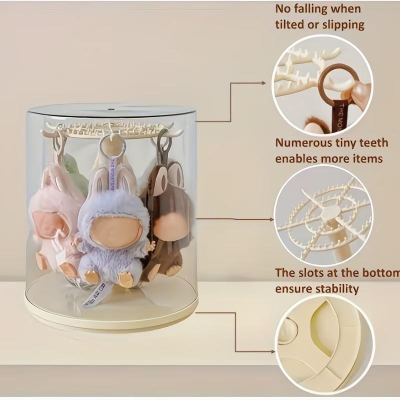 1PC 360° Rotating Clear Acrylic Display Case for Labubu Pop Mart, Hanging Storage Box with Hooks, Dustproof & Moistureproof Showcase for Dolls & Pendants