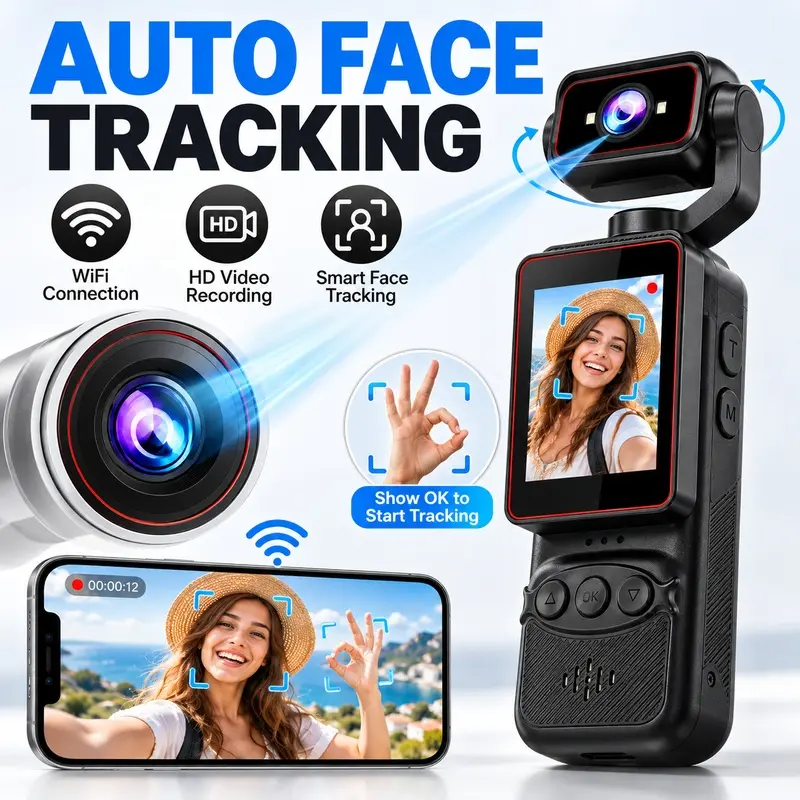 Video Camera, 2K Vlogging Camera with Dual-Axis 270 Horizontal and 355 Vertical Control, Auto Face Tracking, 2.0-Inch Display, WiFi Transfer, Card Reader Transfer and Hands-Free Recording for Travel, Outdoor Sports and Daily Vlogs, HD Vlogging Camera