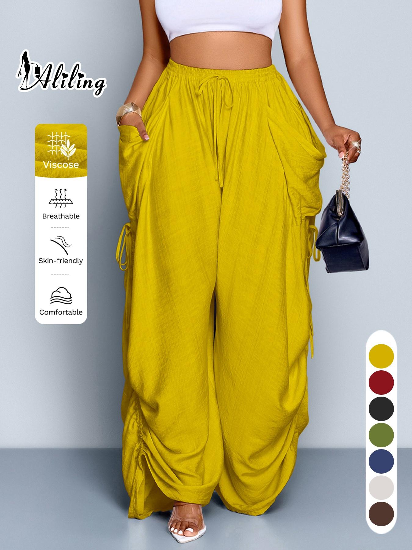 Aliling Women's Summer Casual Basic Solid Color High-Waisted Wide-Leg Bottom Pants, Adjustable Drawstring Side Regular Fit Pants for All Seasons