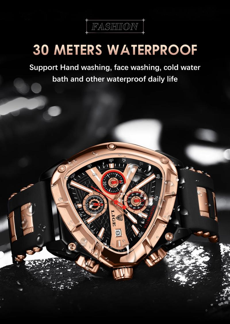 Lige Unique-Shaped Men's Quartz Watch, 48mm Large Dial, Chronograph Function, Date Display, Waterproof, Luminous at Night Silicone Band