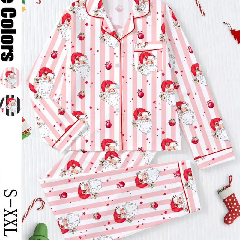 Women's Christmas-Themed Pajama Set, Casual Long-Sleeve Button-Front Top and Elastic-Waist Pants, Holiday Gift, Comfortable Loungewear, Sleepwear