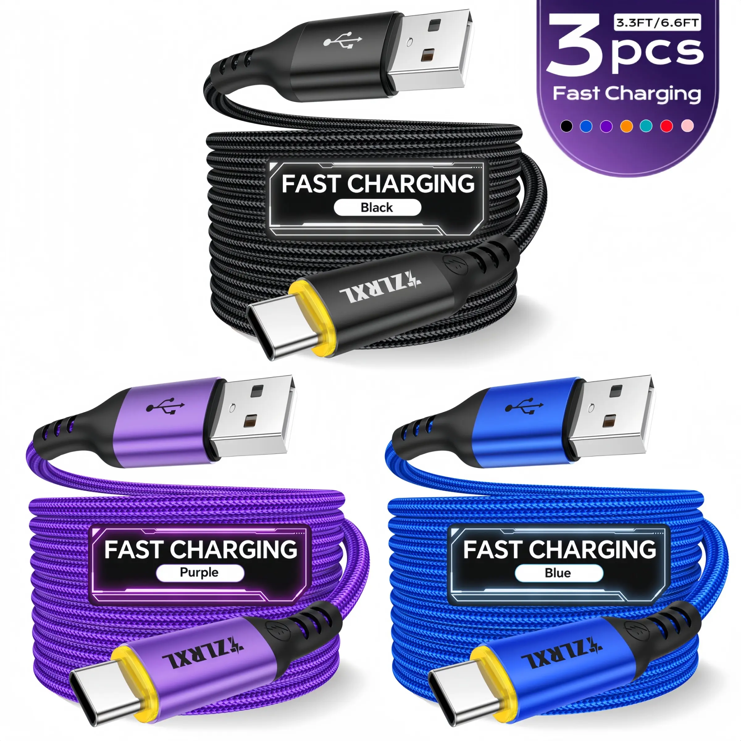 3-Pack Data Cables, Nylon Braided Durable, Super Fast Charge PD 60w, Type-C Interface, Compatible with Samsung, iPhone, Macbook, Xiaomi, Fast Charging Cords