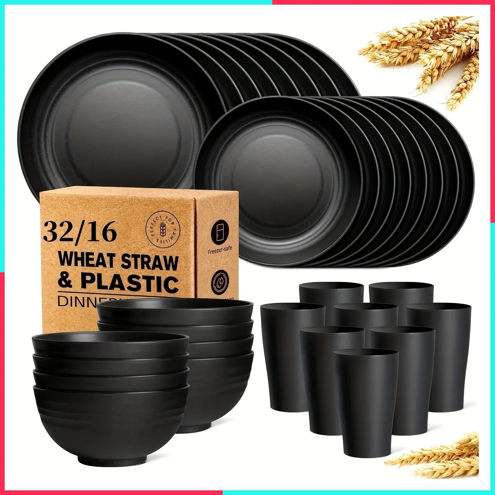32/16pcs Wheat Straw Large Size Tableware Set, Unbreakable Modern Dish Set-Plate/Dessert Plate/Bowl/Cup, Lightweight Dinnerware Set, Dishwasher And Microwave Safe, Gift for Christmas
