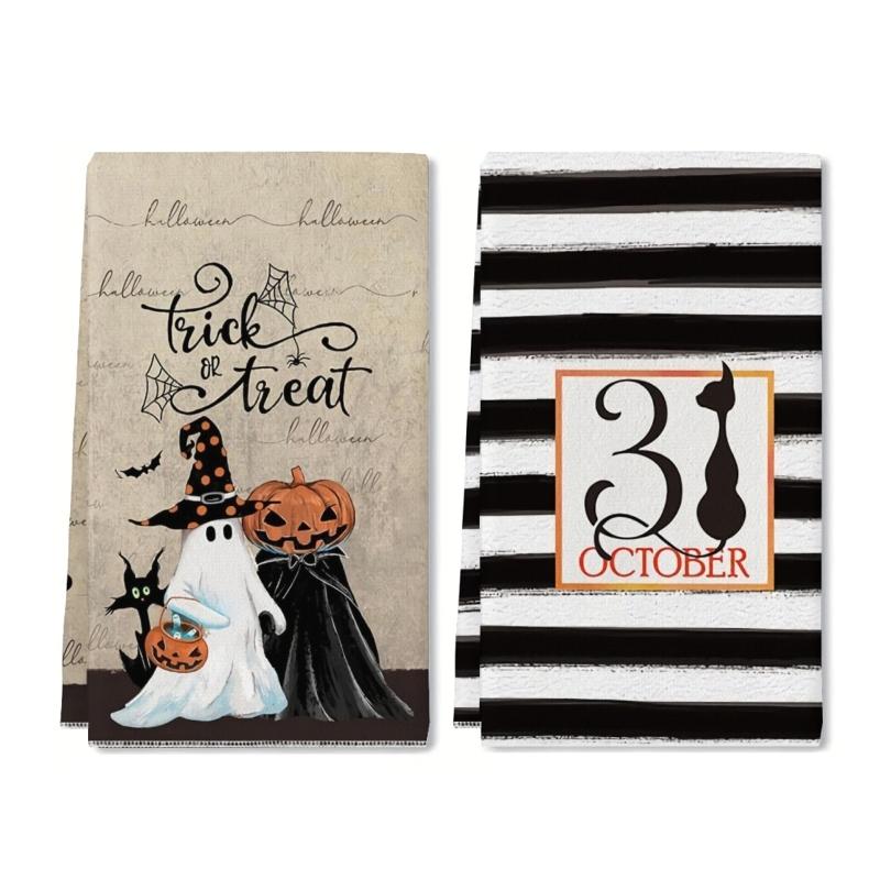 Halloween Kitchen Towels/Dish Towels (Set of 2, 16 x 24 inches) - Featuring vintage pumpkin, ghost, and black cat patterns; suitable for cooking, baking, and cleaning, or as "Trick-or-Treat" themed hand towels or tea towels.